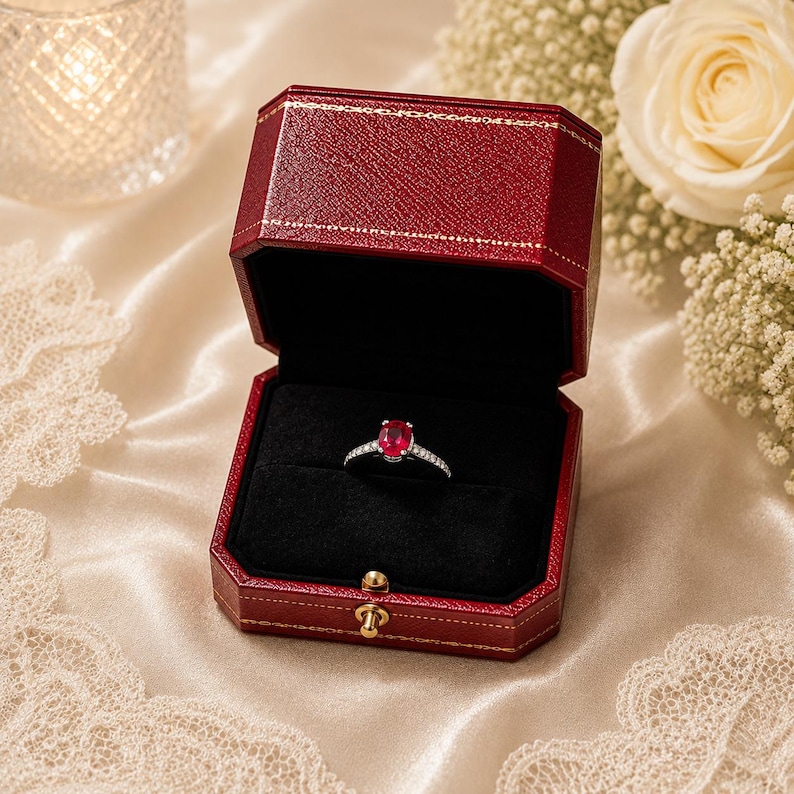 May include: A silver ring featuring an oval-cut red gemstone set in a dark red, octagonal, hinged jewellery box with gold-tone trim and a black velvet interior lining, presented in an open position to display the ring clearly.