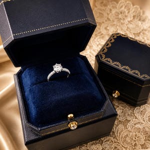 May include: A silver-coloured ring with a central round-cut stone and smaller stones along the band, presented inside an open, dark blue, hexagonal jewellery box with gold-coloured trim and a small circular clasp, alongside a closed matching box.