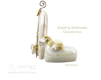 Handcrafted Ceramic Sheep & Shepherd Storytelling Sculpture with Gold Luster, Symbolic Contemporary Art Decor