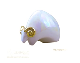 Luxury Ceramic Ram Sculpture with Gold Luster | Handmade Aries Zodiac Figurine | White Crackle Glaze Art Object
