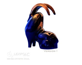 Blue Ceramic Ibex Sculpture • Glossy Modern Art Figurine • Handmade Wildlife Decor