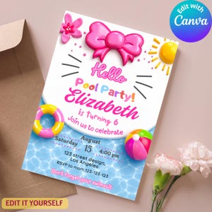 Pool party Birthday Invitation, Editable cat Birthday Invitation, Digital Birthday invite, digital girls invitation, kitty Invitation