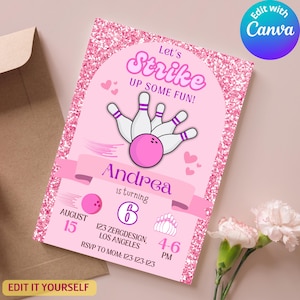 Puede incluir: Invitación de cumpleaños rosa con temática de bolos con detalles brillantes. Presenta un gráfico de bolos y bola, el texto "Let's Strike Up Some Fun!" y el nombre "Andrea". Incluye fecha, hora e información de RSVP.