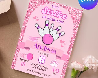Bowling Birthday Invitation, Let's Strike Up Some Fun, Girls Party Invite Template, Pink Bowling tempalte canva