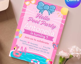 Pool party Birthday Invitation, Editable cat Birthday Invitation, Digital Birthday invite, digital girls invitation, kitty Invitation