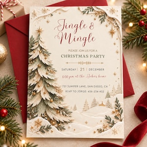 Puede incluir: Una tarjeta de invitación navideña color crema con un gran pino ilustrado, detalles de estrellas doradas y texto en rojo que dice Jingle & Mingle, Please join us for a Christmas party, Saturday 21 December, 6:00 pm at the Johns home.