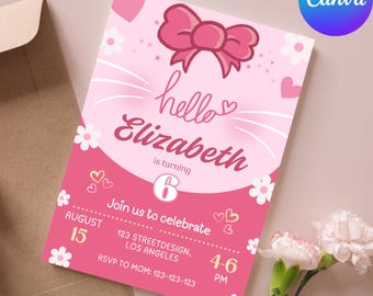Sweet cat Birthday Invitation, Editable Kitty Birthday Invitation, Digital Birthday invite, digital girls invitation, kitten Invitation