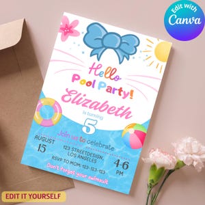 Puede incluir: Una colorida invitación a una fiesta en la piscina con el texto "Hello Pool Party! Elizabeth cumple 5 años." Presenta ilustraciones de un lazo, un sol y un balón de playa. Incluye detalles del evento: 15 de agosto, 123 Streetdesign, Los Ángeles, 4-6 PM.