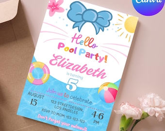 Pool party Birthday Invitation, Editable cat Birthday Invitation, Digital Birthday invite, digital girls invitation, kitty Invitation