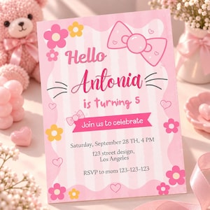 Peut inclure: Une carte d'invitation d'anniversaire rose avec un fond rayé blanc, un grand nœud et des motifs floraux. Le texte indique : Hello Antonia is turning 5, Join us to celebrate, Saturday, September 28 TH, 4 PM, 123 street design, Los Angeles, RSVP to mom 123-123-123.