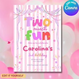 Puede incluir: Una tarjeta de invitación de cumpleaños con fondo de rayas rosas y blancas con el texto Two much fun, Join us to celebrate, Carolina's 2nd birthday, 123 street design, Los Angeles, y RSVP to mom 123-432-123, decorada con cuentas coloridas.