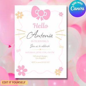 May include: A white birthday invitation card featuring a large pink bow at the top, gold flower accents, and pink wavy borders. The text reads: Hello Antonia IS TURNING 5, Join us to celebrate, SATURDAY, JUNE 17TH, 4:00 PM, 123 street design, Los Angeles, RSVP to mom 123-123-123.