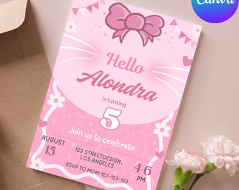 Sweet cat flower Birthday Invitation, Kitty Birthday Invitation, Digital Birthday invite, digital girls invitation, kitten Invite