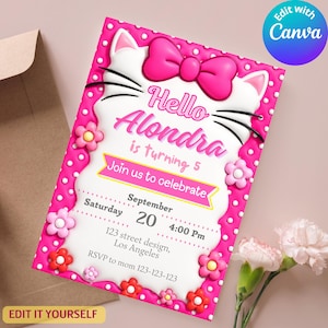 Puede incluir: Una tarjeta de invitación de cumpleaños rectangular con una cara de gato blanca y un gran lazo rosa, rodeada por un borde rosa brillante con lunares blancos y pequeñas flores en 3D. El texto dice Hello Alondra is turning 5, Join us to celebrate, September 20, 4:00 PM, 123 street design, Los Angeles, y RSVP to mom 123-123-123.