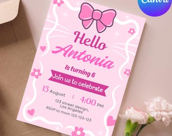 Sweet cat Birthday Invitation, Editable Kitty Birthday Invitation, Digital Birthday invite, digital girls invitation, kitten Invitation