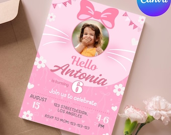 Cute cat Birthday photo Invitation, Kitty Birthday Invitation, Digital Birthday invite, digital girls invitation, kitten Invite