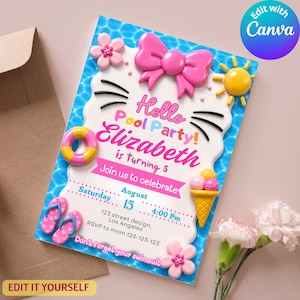 Puede incluir: Una invitación a una fiesta en la piscina con un borde blanco y un fondo azul con un patrón de olas. La invitación presenta un lazo rosa, flores y el texto "Hello Pool Party! Elizabeth is turning 5".