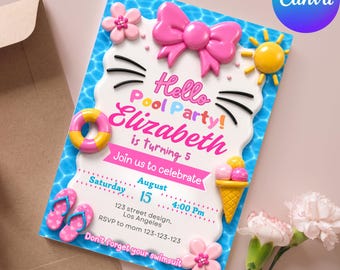 Pool party Birthday Invitation, Editable cat Birthday Invitation, Digital Birthday invite, digital girls invitation, kitty Invitation