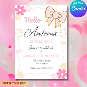 May include: A white birthday invitation card featuring a large pink bow with gold outlines, pink and yellow flowers, and the text: Hello Antonia IS TURNING 5 Join us to celebrate SATURDAY, JUNE 17TH, 4:00 PM 123 street design, Los Angeles RSVP to mom 123-123-123.