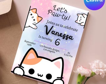 Cat Birthday Invitation, Cat Theme Birthday Invitation, Are You Kitten Me Birthday, Paw-ty Birthday Invite, Invitation Template, cute cat