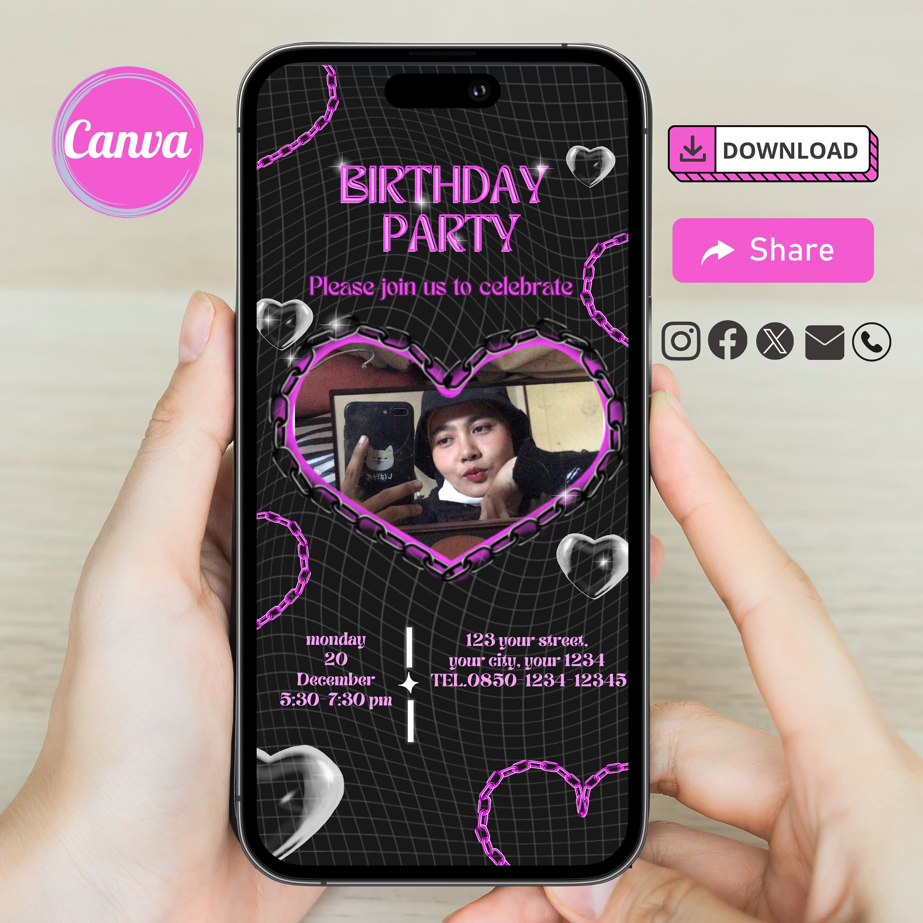 Black Pink Y2k Party Invitation 2000s Theme Birthday Invite Template Instant Download Late 90s Millenium Editable Templett