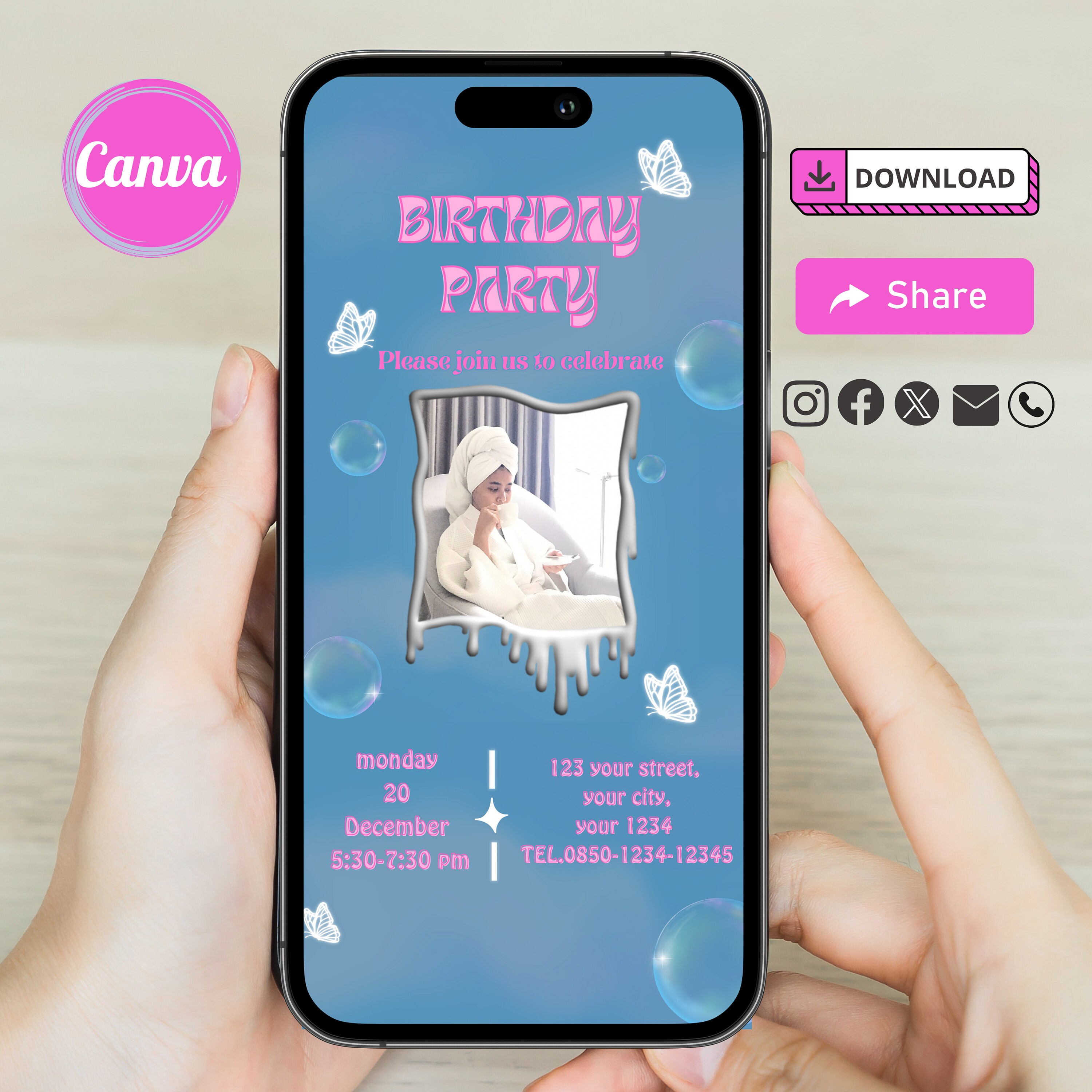 Sky blue Pink Y2k Party Invitation 2000s Theme Birthday Invite Template Instant Download Late 90s Millenium Editable Templett