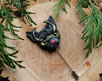 Three-eyed cat brooch-Wearable Magic, Black cat lapel pin,Sculptural Miniatures