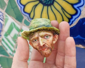 Broche de Van Gogh-Arte usable, joyería de arcilla polimérica esculpida a mano