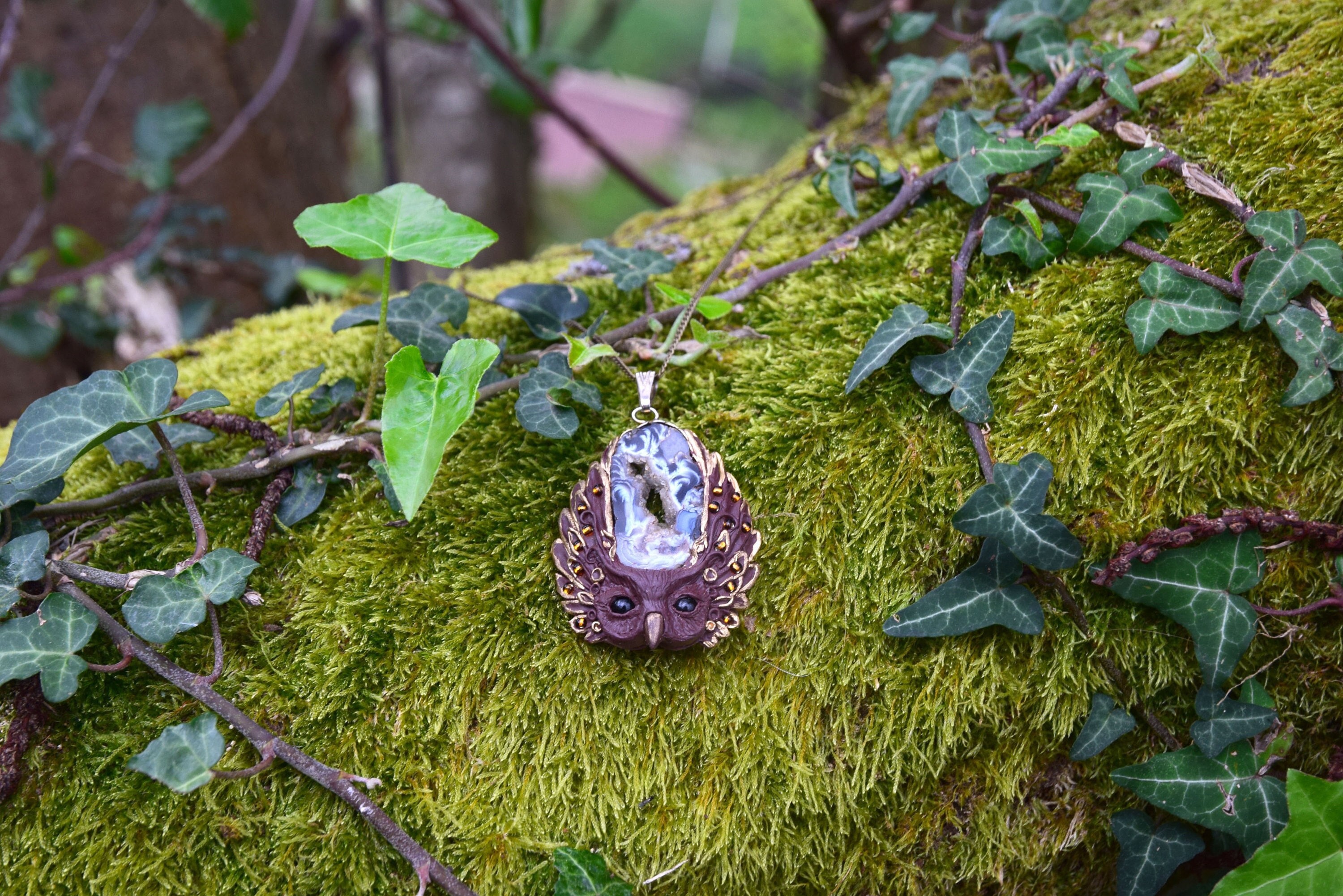 Whimsical Forest Owl Pendant – Handmade Boho Amulet Necklace, Mystical Woodland Animal Jewelry