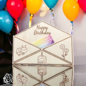 Sobre de madera personalizado: una forma única de presentar felicitaciones. Perfecto para dinero, vales y más, ideal para cumpleaños.