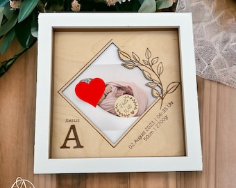 Bonheur Bébé - Cadre en bois personnalisé pour les dates de naissance de bébé | Cadre photo | Idée cadeau | Cadeau de fête de naissance | Dates de naissance