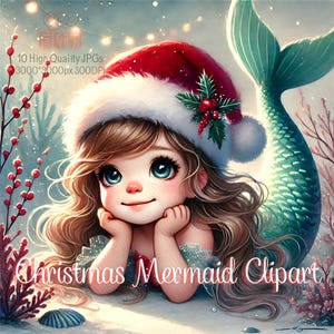 Aquarell Weihnachten Meerjungfrau Clipart, 10 hochwertige JPGs, süße Meerjungfrau Clipart, Sofortiger Download, Weihnachten Meerjungfrau JPG, entzückende Meerjungfrau JPG