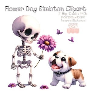 Flower Dog Skeleton Clipart | 21 High Quality PNGs | Transparent Background Skeleton |Dog and Skeleton PNG| Watercolor Cute Dog Skeleton PNG