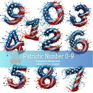 Wodny plusk patriotyczny numer 0-9 Clipart, 10 wysokiej jakości PNG, Patriotyczny numer 0-9, Splash Numbers, Wydrukowane numery, Sublimacja numeru 0-9