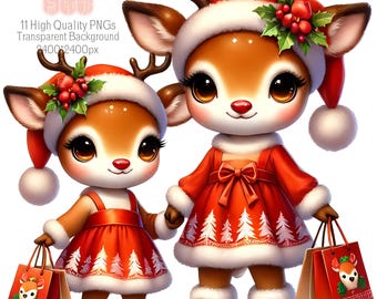Watercolor Cute Reindeer Clipart,11 High Quality PNGs,Cute Reindeer PNG,Instant Download,Christmas Reindeer,Shopping Reindeer,Santa Reindeer