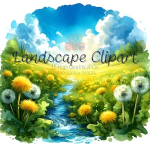 Aquarel landschap clipart, 15 hoge kwaliteit jpg's, groen landschap clipart, natuurlijk landschap, bloemenlandschap, aquarel landschap met wolk