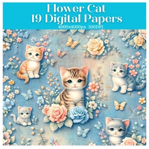 Könnte beinhalten: Ein digitales Papierpaket mit 19 Designs von niedlichen Katzen mit Blumen und Schmetterlingen auf blauem Hintergrund. Der Text "Flower Cat 19 Digital Papers 4000x4000px 300DPI" befindet sich oben im Bild.