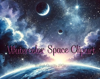 Watercolor Space Clipart,16 High Quality JPGs,Space Clipart,Star,Instant Download,Space Background,Galaxy JPG,Nebula and Star Background