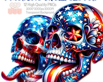 Watercolor Patriotic Skull Clipart,12 High Quality PNGs,Patriotic Skull PNG,Skull Sublimation,4th of July Skull,Printables Skull PNG Clipart
