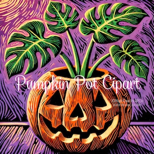 Spooky Pumpkin Pot Clipart, 10 hoge kwaliteit JPG's, Halloween Planter Pot Clipart, Instant Download, Pumpkin Pot JPG, Monstera Plant JPG