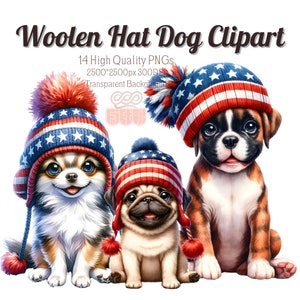 Chapeau de laine chien des cliparts | 14 PNG de haute qualité | Clipart chien mignon | Sublimation de chien mignon | Chien Star Stripes Clipart | Chien mignon à imprimer