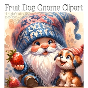 Clipart de gnomo de perro de frutas / 14 JPG y PNG de alta calidad / Fondo de gnomo de perro de frutas / Imprimibles lindos de gnomos de perros / Gnomo de acuarela