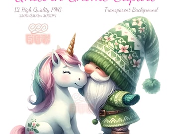 Unicorn Gnome Clipart,12 High Quality PNG,Cute Unicorn PNG,Cute Gnome PNG,Unicorn Gnome Download,Printables Gnome Clipart,Watercolor Gnome