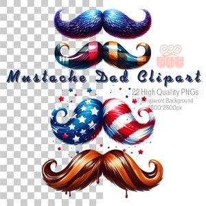 Clipart de pai de bigode aquarela, 22 PNGs de alta qualidade, PNG de pai de bigode, PNG de pai de barba, clipart de barba de bigode para impressão, fundo transparente