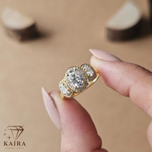 Oval Moissanite Engagement Ring: Yellow Gold Halo, Vintage 3-Stone