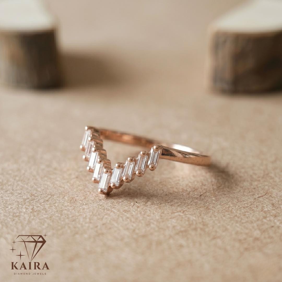 V Shaped Moissanite Chevron Ring, Baguette Rose Gold Wedding Band ...