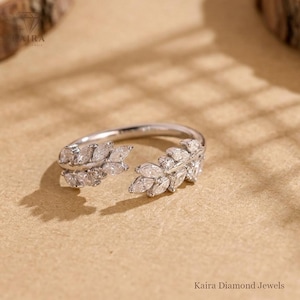 Bague feuille moissanite, bague marquise ouverte, bague feuille de laurier, bague inspirée de la nature, alliance réglable, bague vigne, bijoux botaniques