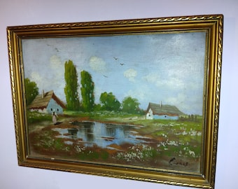 Enchanting Hungarian Homesteads: Vintage Oil Painting from the Early 1900s