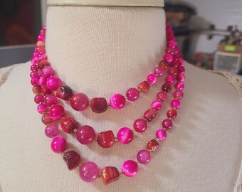 JAPAN necklace, Vintage hot pink mixed bead multi strand choker necklace, choker necklace, 1950's mixed bead necklace, gramma's jewelry