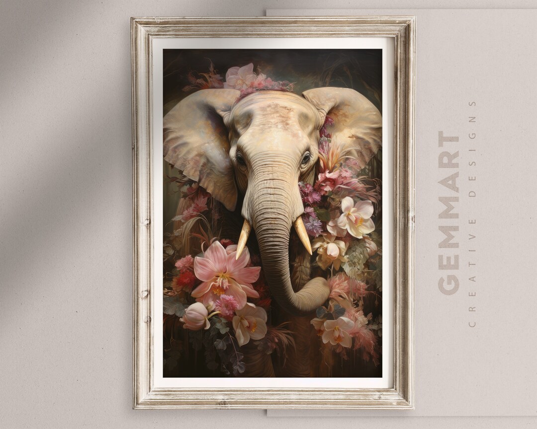 Elephant and Flowers Digital Print Elephant Canvas Animal - Etsy